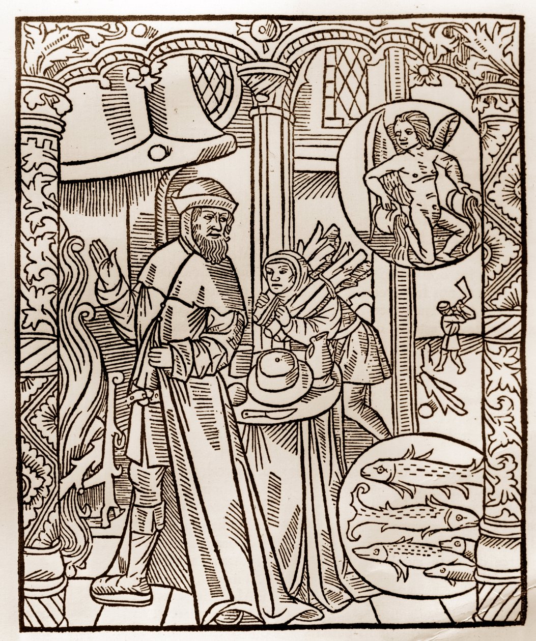 Calendário dos Pastores - Os Trabalhos dos Meses - Fevereiro - Corte de madeira do livro de 1496 impresso por Guy Marchant (Guido Mercator) em Troyes - Gravura em madeira em "Le grand Calendrier et compost des shepherds" - de Guy Marchant
