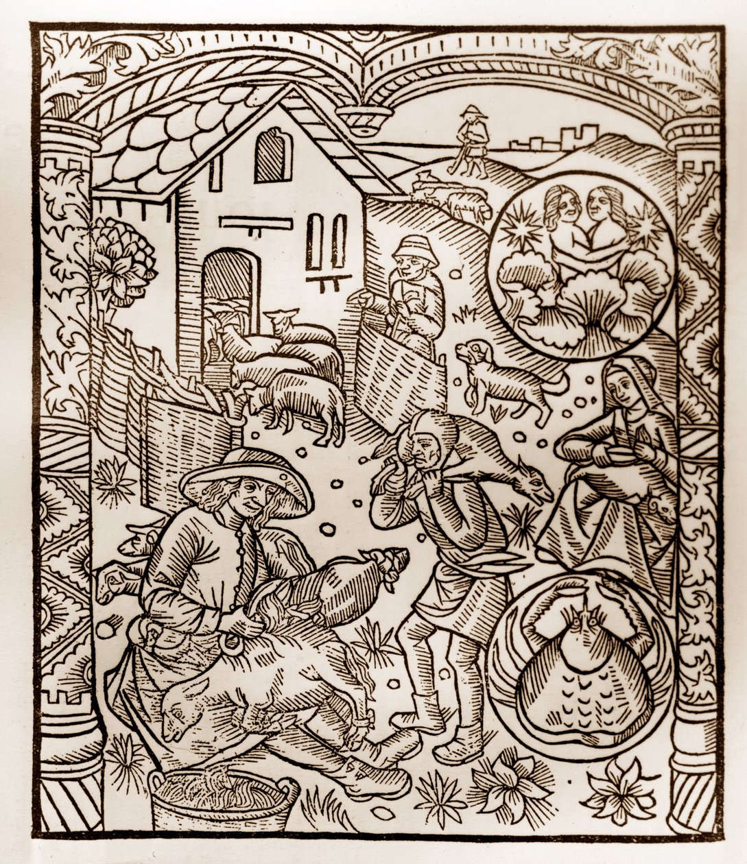 Calendário dos Pastores - Os Trabalhos dos Meses - Junho - Corte de madeira do livro de 1496 impresso por Guy Marchant (Guido Mercator) em Troyes - Gravura em madeira em "Le grand Calendrier et compost des shepherds" - de Guy Marchant