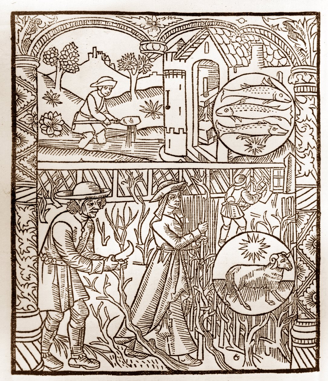 Calendário dos Pastores - Os Trabalhos dos Meses - Março - Corte de madeira do livro de 1496 impresso por Guy Marchant (Guido Mercator) em Troyes - Gravura em madeira em "Le grand Calendrier et compost des shepherds" - de Guy Marchant