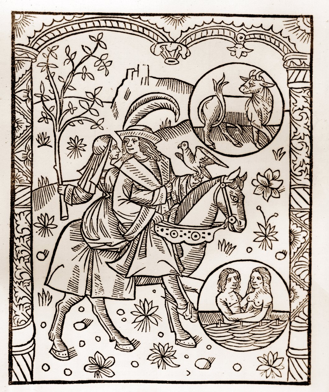 Calendário dos Pastores - Os Trabalhos dos Meses - Maio - Corte de madeira do livro de 1496 impresso por Guy Marchant (Guido Mercator) em Troyes - Gravura em madeira em "Le grand Calendrier et compost des shepherds" - de Guy Marchant