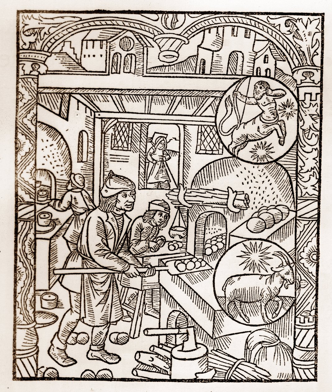 Calendário dos Pastores - Os Trabalhos dos Meses - Novembro - Corte de madeira do livro de 1496 impresso por Guy Marchant (Guido Mercator) em Troyes - Gravura em madeira em "Le grand Calendrier et compost des shepherds" - Forno de pão - de Guy Marchant