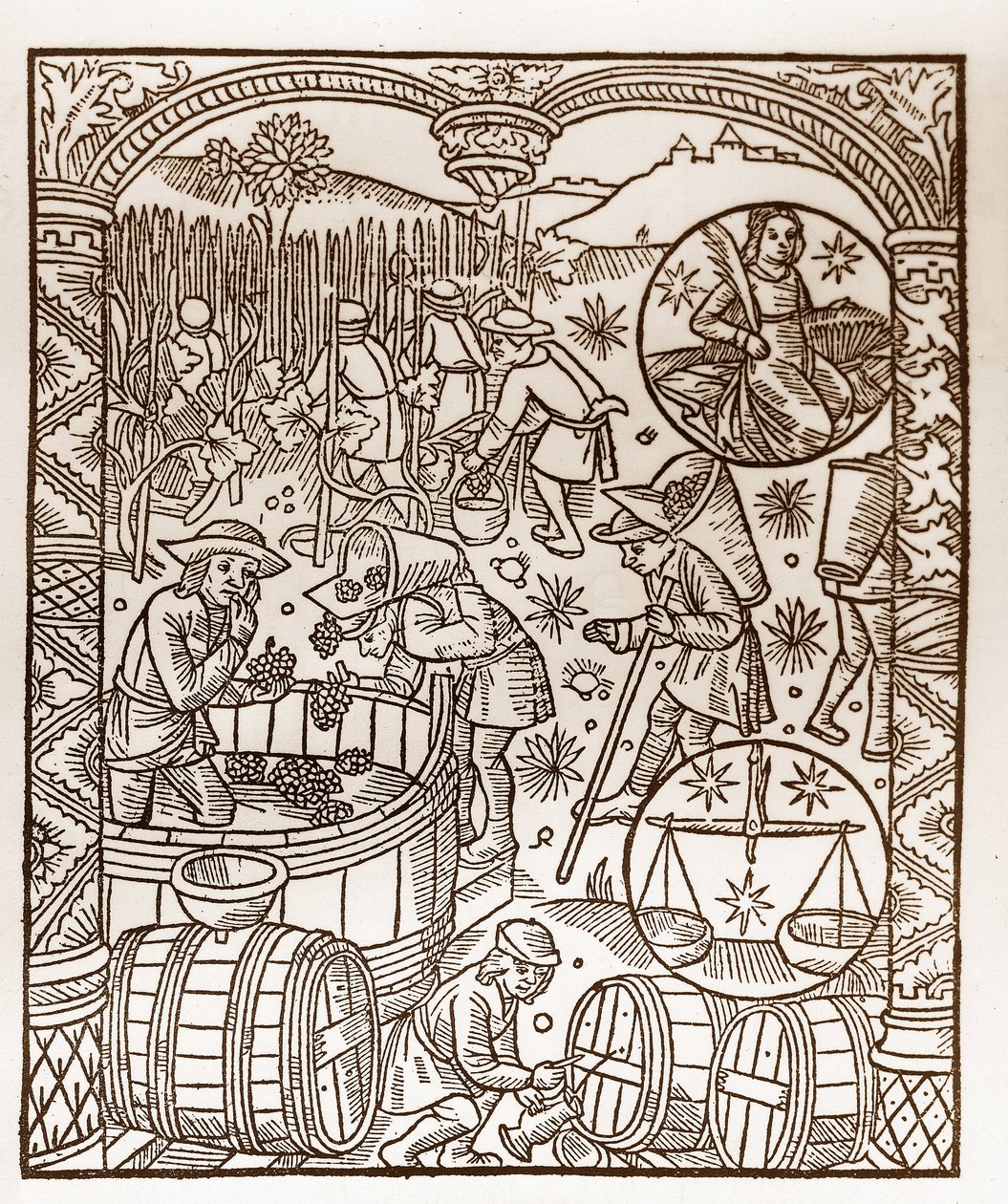Calendário dos Pastores - Os Trabalhos dos Meses - Outubro - Corte de madeira do livro de 1496 impresso por Guy Marchant (Guido Mercator) em Troyes - Gravura em madeira em "Le grand Calendrier et compost des shepherds" - A colheita - e os signos do zodíaco de Guy Marchant