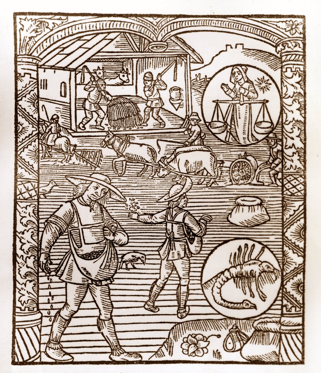 Calendário dos Pastores - Os Trabalhos dos Meses - Setembro - Lenha do livro de 1496 impresso por Guy Marchant (Guido Mercator) em Troyes - Au premier plan, des peassans sement a la volee - Lenha em "Le grand Calendrier et compost des shepherds" - de Guy Marchant