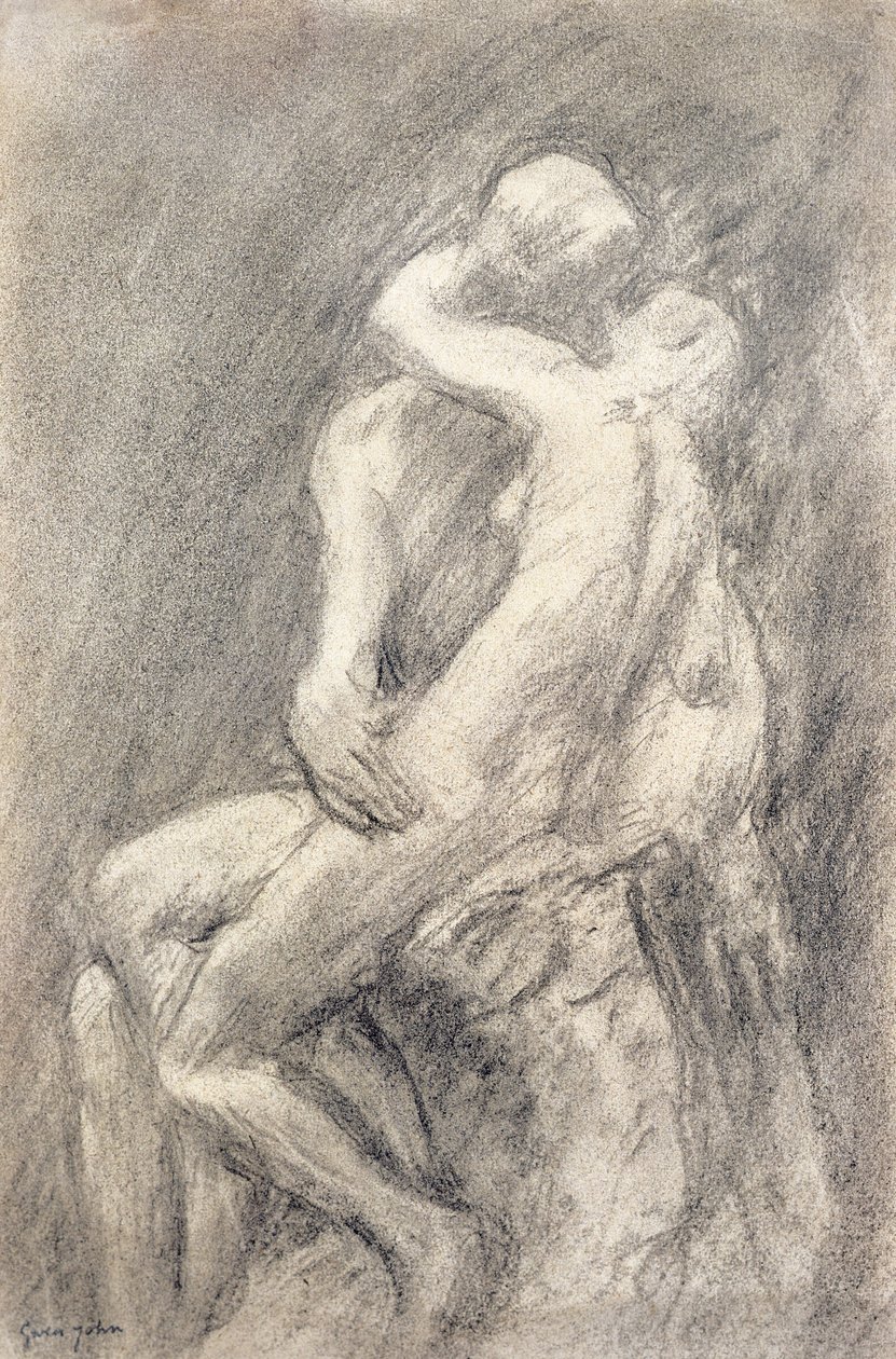 Um estudo do beijo de Rodin em seu estúdio (carvão no papel) de Gwen John