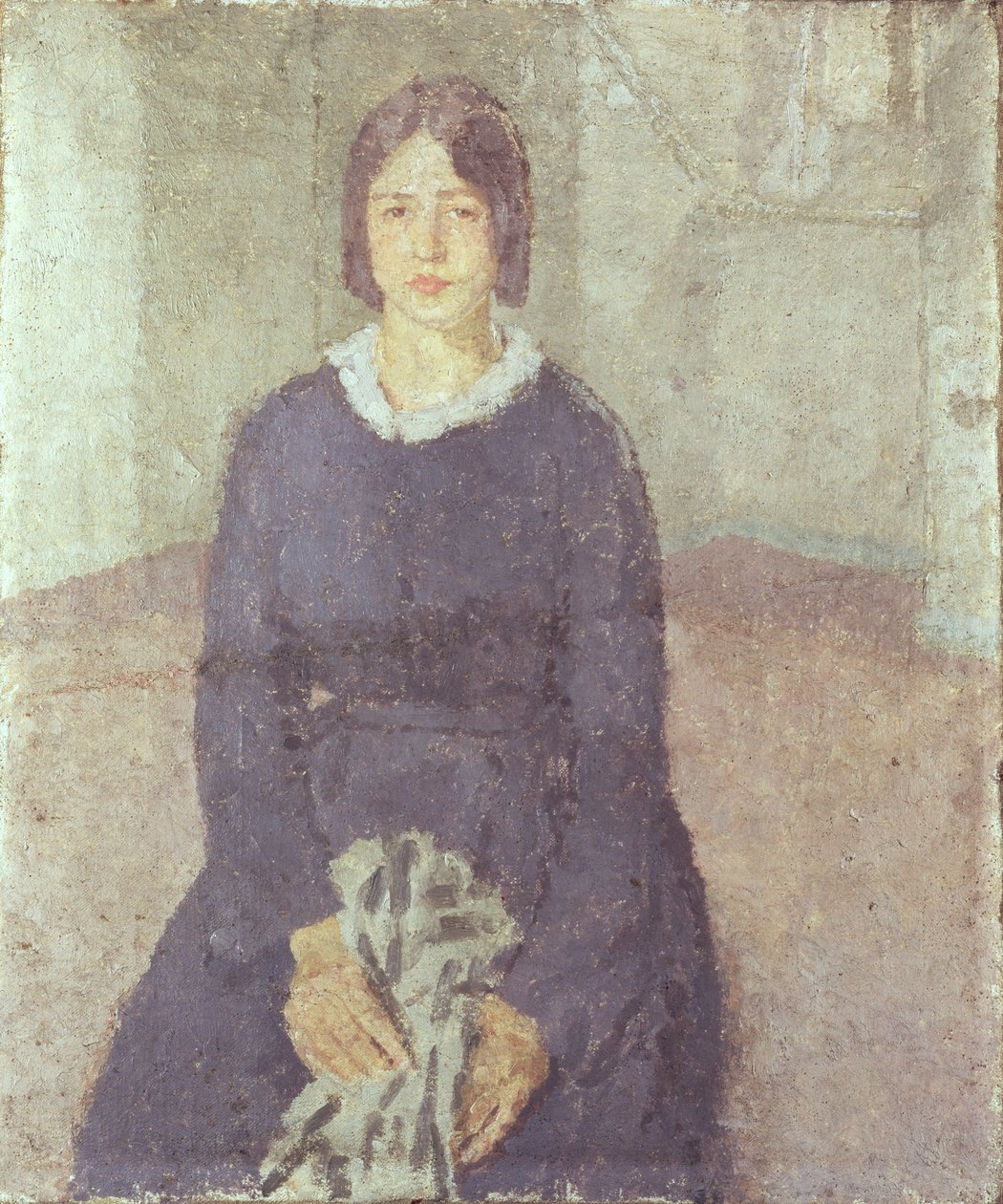 Menina de vestido azul segurando uma peça de costura de Gwen John