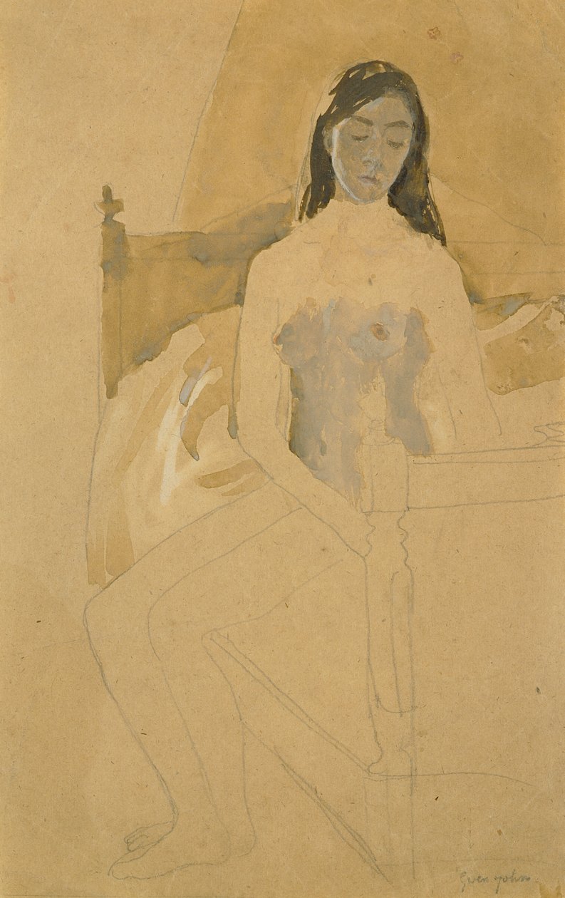Auto-retrato, nu, sentado em uma cama (lápis e wc no papel) de Gwen John