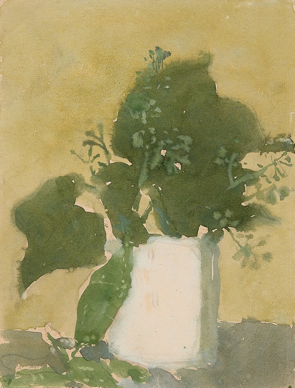 Folhas verdes num jarro branco (aguarela, guache e lápis sobre papel) de Gwen John