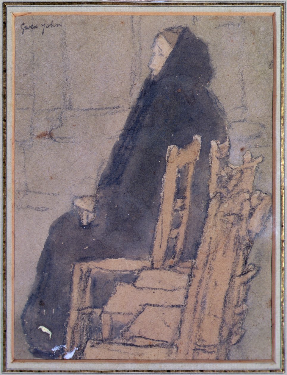 Velha em um xale preto (aquarela, bodycolour e giz de cera preto sobre papel bege) de Gwen John