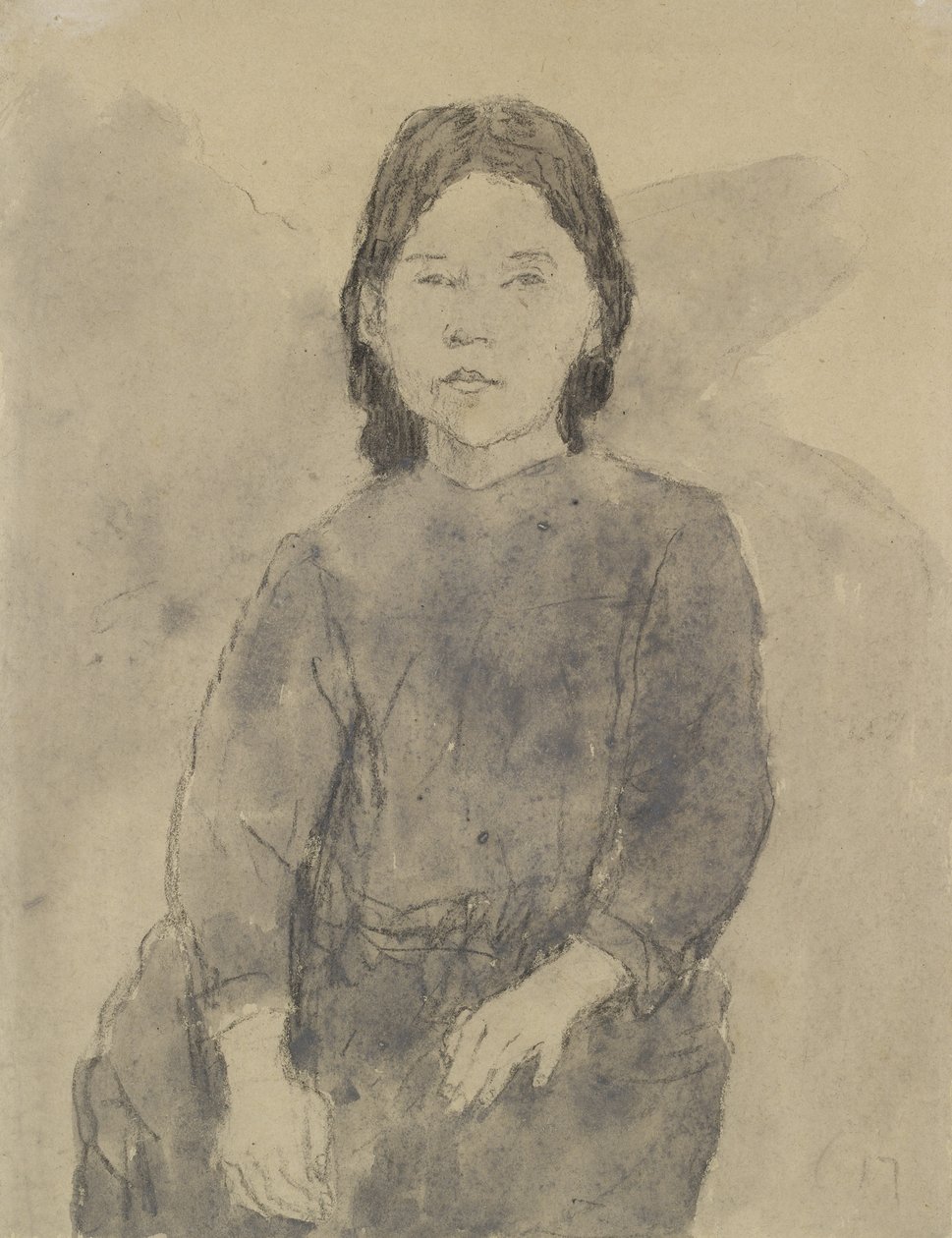 Garota sentada (Marie Hamonet) (Carvão, lavagem cinza e bodycolour em papel cinza) de Gwen John