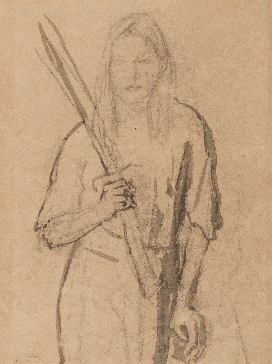 Garota de pé com poste de madeira na mão (lápis & lavagem em papel) de Gwen John