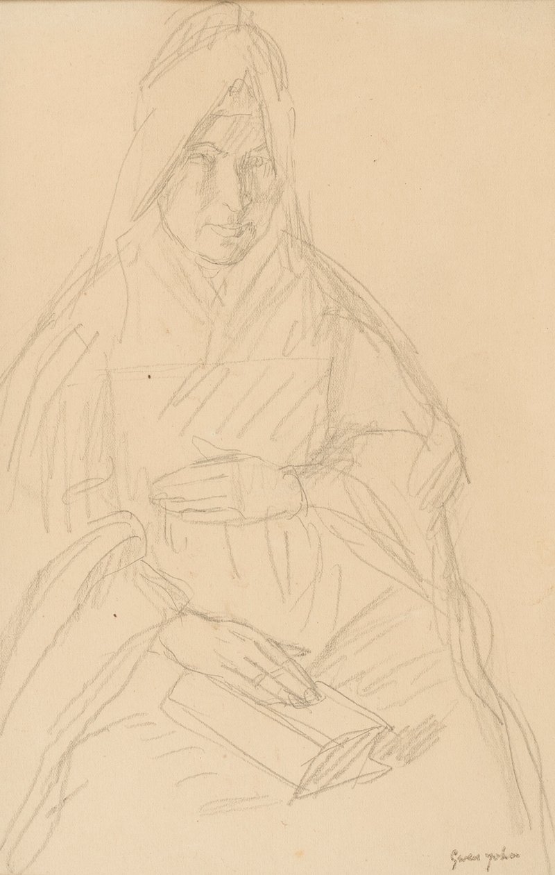 Estudo para Mere Poussepin sentado em uma mesa, c.1915 de Gwen John