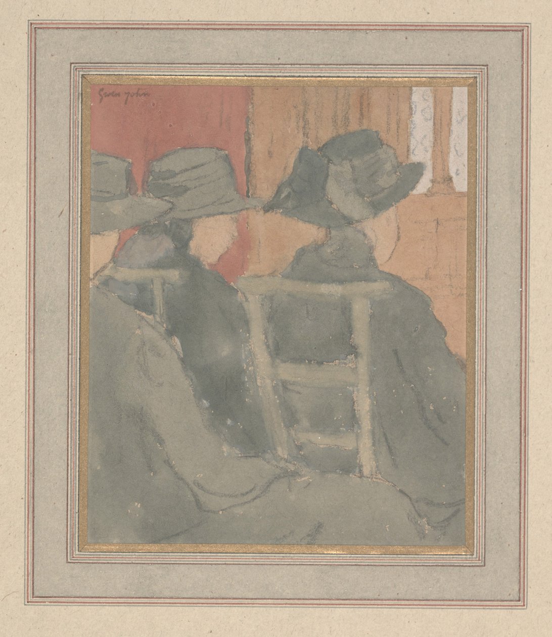 Mulher e menina órfã na igreja (carvão e aquarela sobre papel) de Gwen John