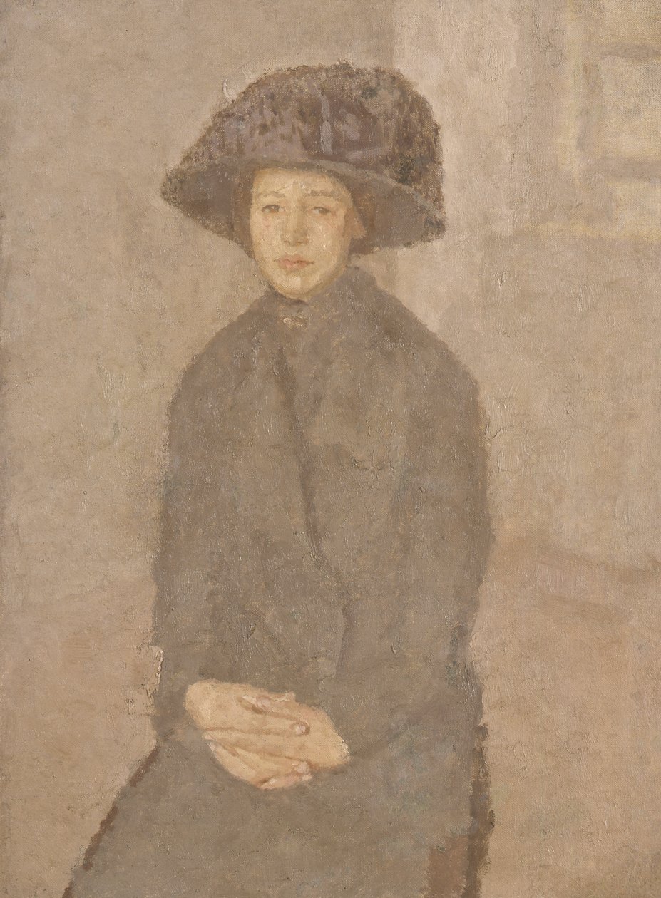 Jovem mulher usando um grande chapéu, c.1917-25 (óleo sobre tela previsto a bordo) de Gwen John