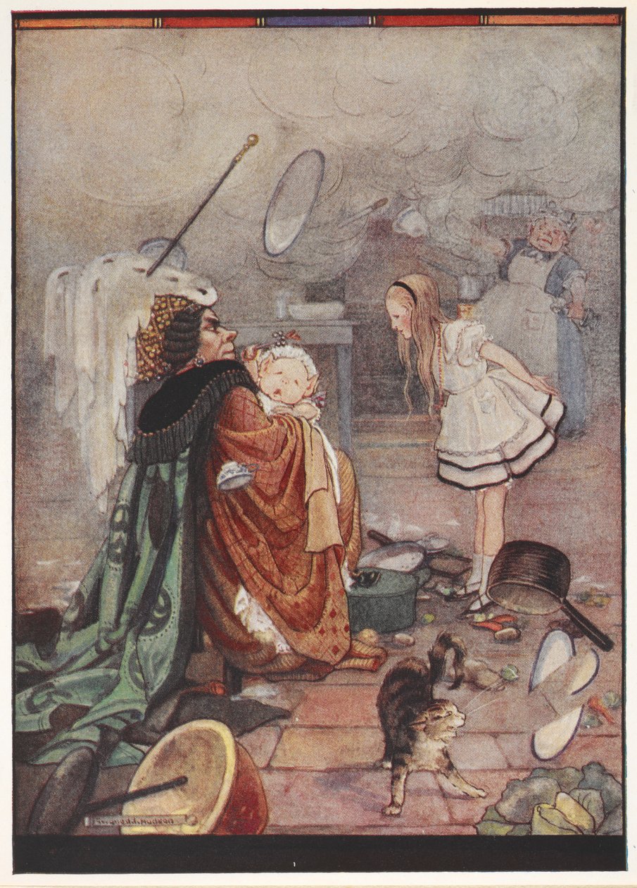 Uma cena caótica na cozinha, com a Holandesa a carregar um porco vestido de bebé e a falar com Alice, enquanto a cozinheira atira os utensílios. de Gwynedd M. Hudson