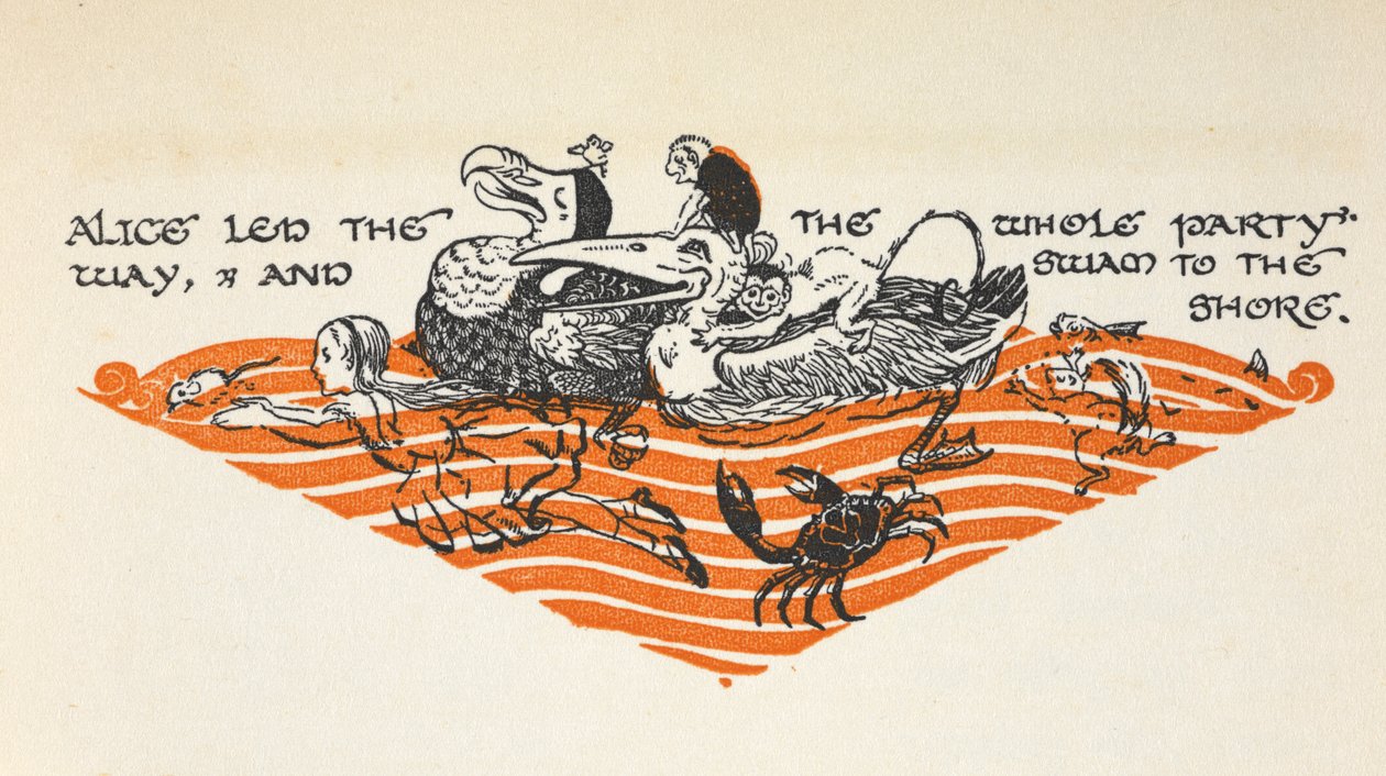 Ilustração de Alice e dos animais a nadar ao longo da "Piscina de Lágrimas". Os animais incluem um dodó, um rato, um macaco, um peixe, um caranguejo, um esquilo e um pato. de Gwynedd M. Hudson