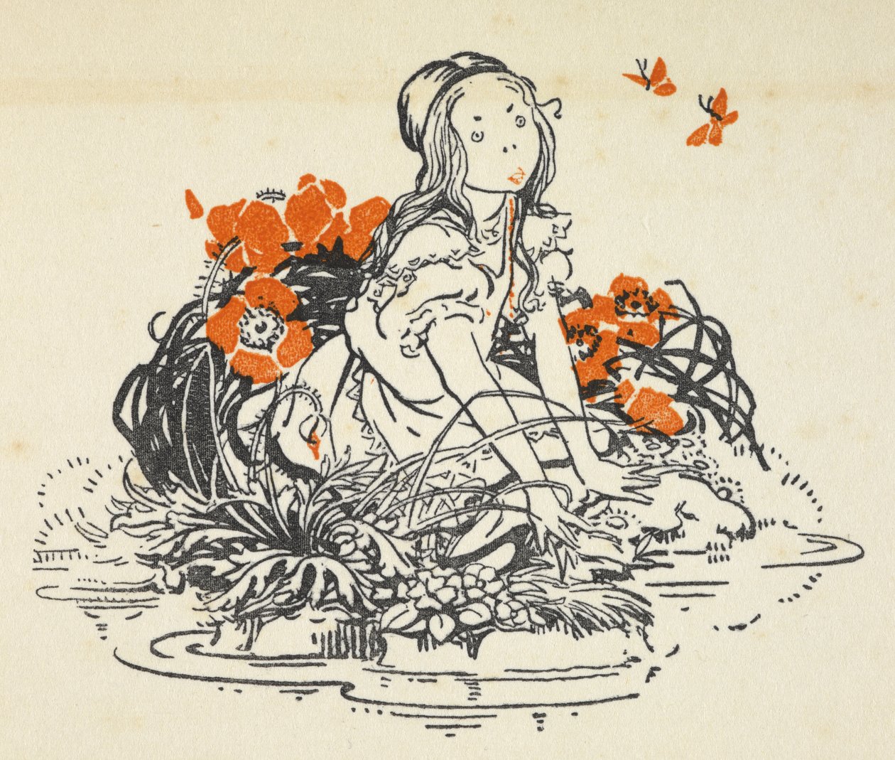 Ilustração de Alice ao lado de uma piscina rodeada de papoilas e borboletas de Gwynedd M. Hudson