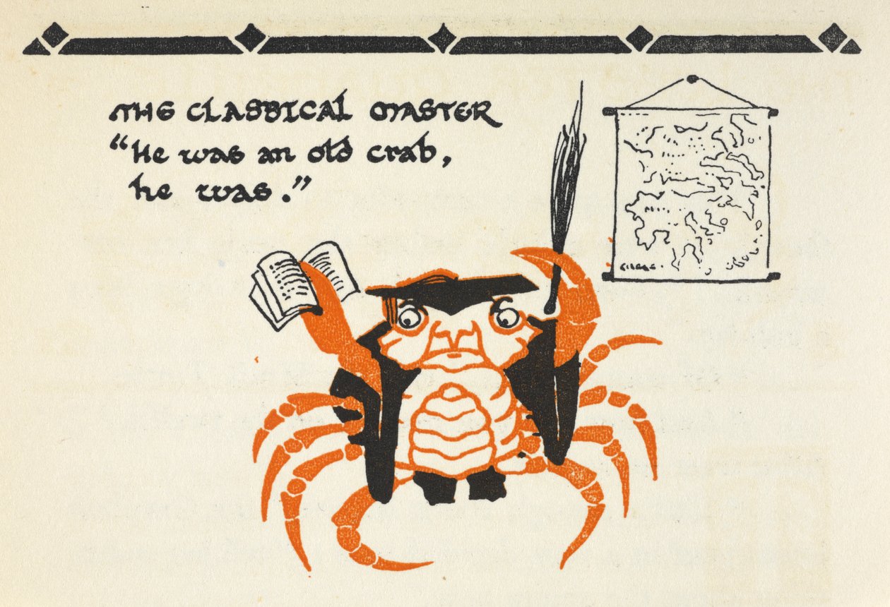 Ilustração de um caranguejo vestido de professor com um livro e um chicote de Gwynedd M. Hudson