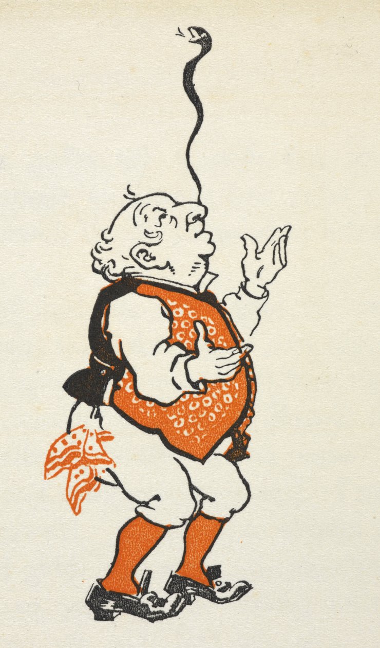 Ilustração de um homem bem vestido que equilibra uma cobra no nariz. de Gwynedd M. Hudson