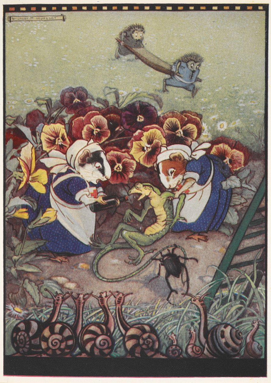 Ilustração de dois porquinhos-da-índia vestidos com fatos de empregada doméstica a cuidar de um lagarto, enquanto dois ouriços carregam uma maca ao fundo para o ajudar. de Gwynedd M. Hudson