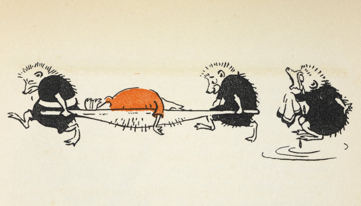 Ilustração de dois ouriços que transportam um jogador de croquet ferido, seguidos por outro ouriço que chora. de Gwynedd M. Hudson