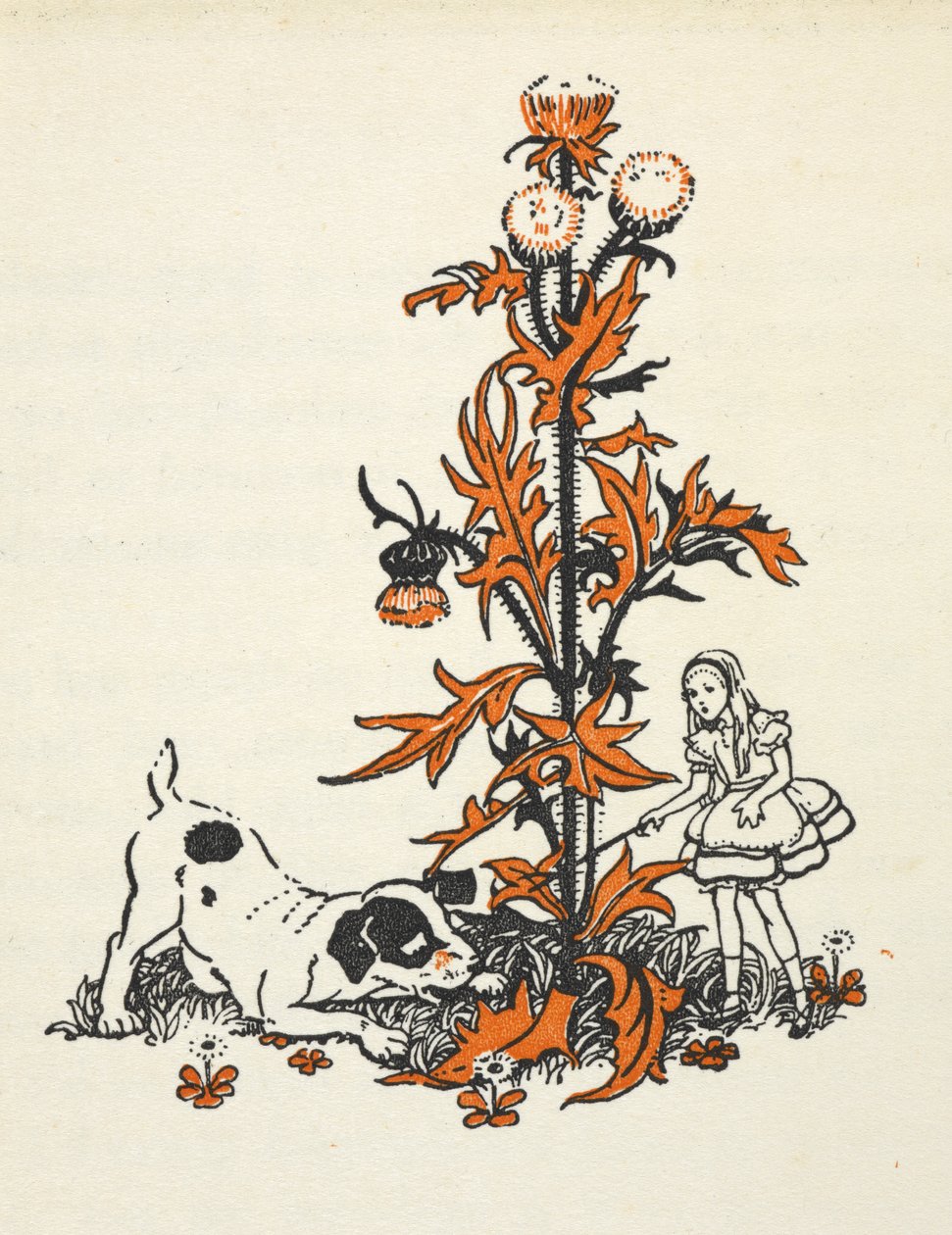 Alice encolhida e o cachorrinho junto a um cardo gigante. de Gwynedd M. Hudson