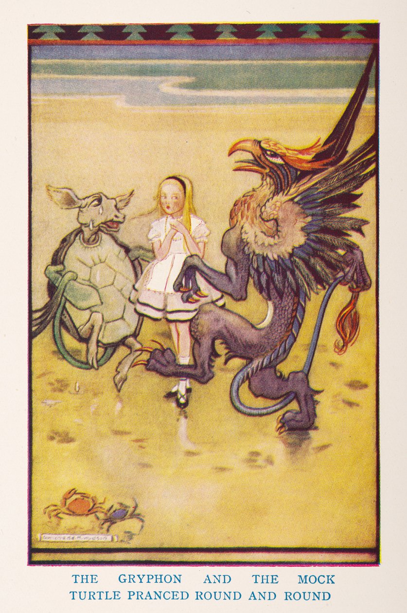 O Gryphon e a Tartaruga Mock empinaram-se redondo e redondo, do berçário Alice no País das Maravilhas / recontado para o berçário por Irene Pearl ; as fotografias de Gwynedd Hudson de Gwynedd M. Hudson