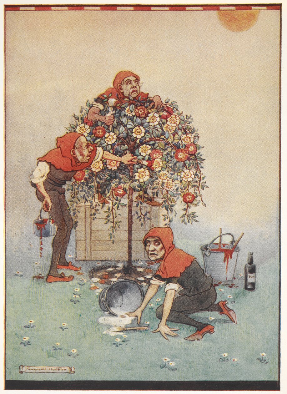 Os jardineiros da Rainha do Coração pintando as rosas de branco a vermelho de Alice no País das Maravilhas de Gwynedd M. Hudson