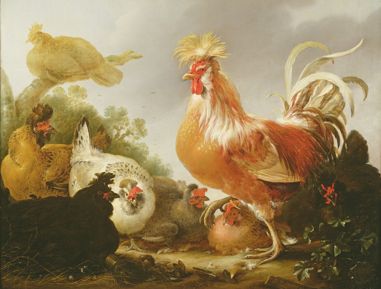 Galo e galinhas em uma paisagem, 1649 de Gysbert Hondecoeter