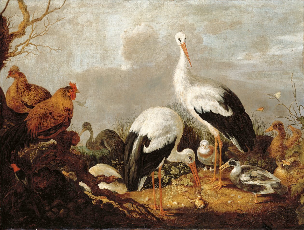Cegonhas, marrecos, galinhas, garças, sapos e outros pássaros na paisagem do rio de Gysbert Hondecoeter