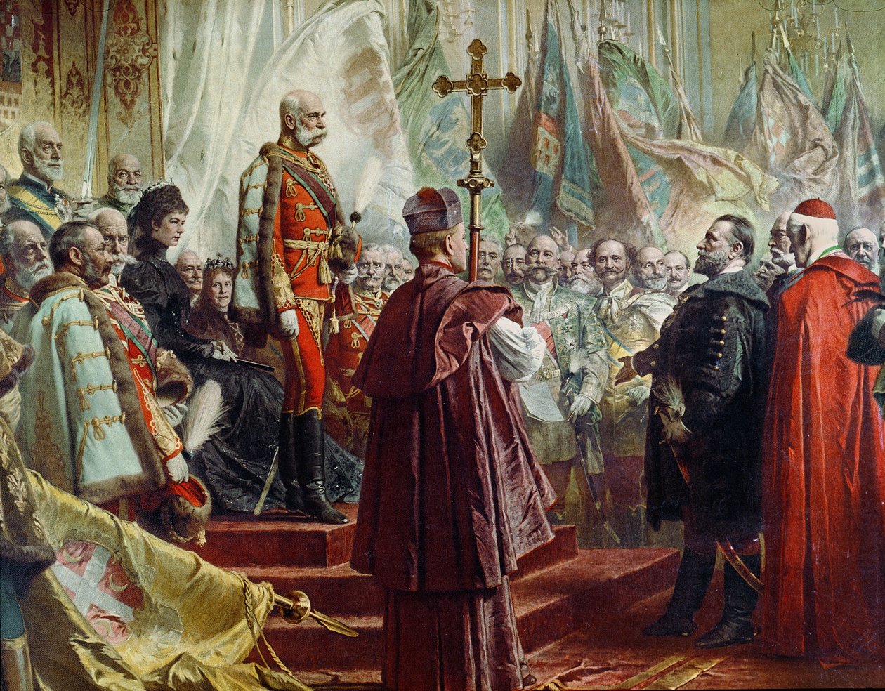 Imperador Franz Joseph I 1830-1916 e Imperatriz Elizabeth 1837-98 em Budapeste, 8 de julho de 1896 detalhe cor lito de 231008 de Gyula Benczúr