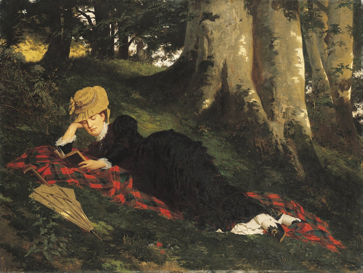 Mulher lendo em uma floresta de Gyula Benczúr