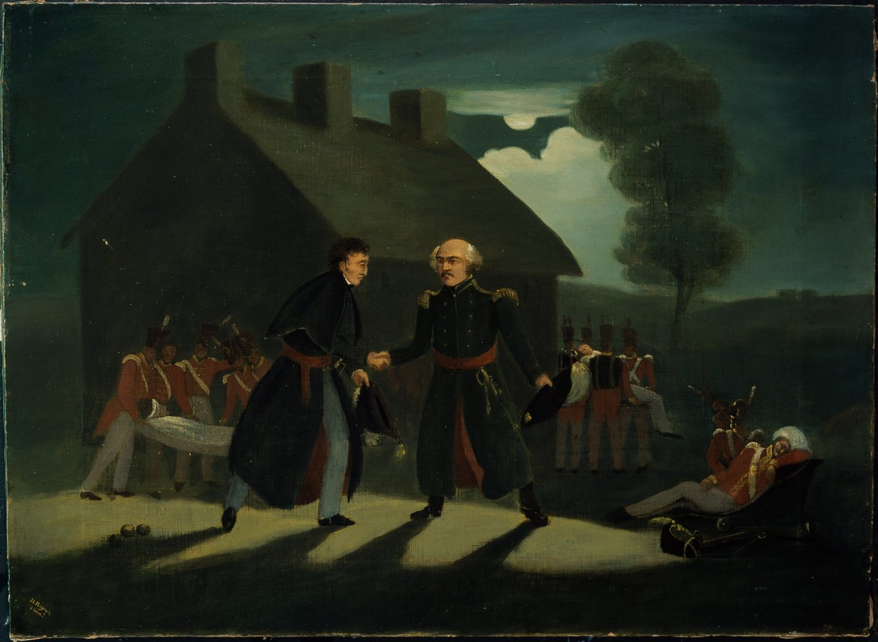 A reunião de Wellington (1769-1852) e Blucher (1742-1819) na Aliança La Belle após a Batalha de Waterloo, c.1820 de H. Baynes