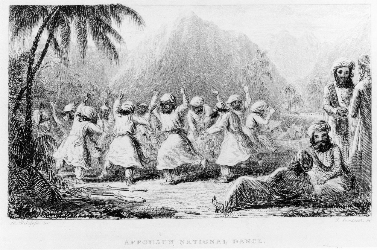 Dança nacional afegã, frontispício do Volume II de &39;Viagem ao norte da Índia&39;, de Arthur Conolly, gravado por Thomas Landseer (1795-1880), publicado em 1838 de H. Delafosse