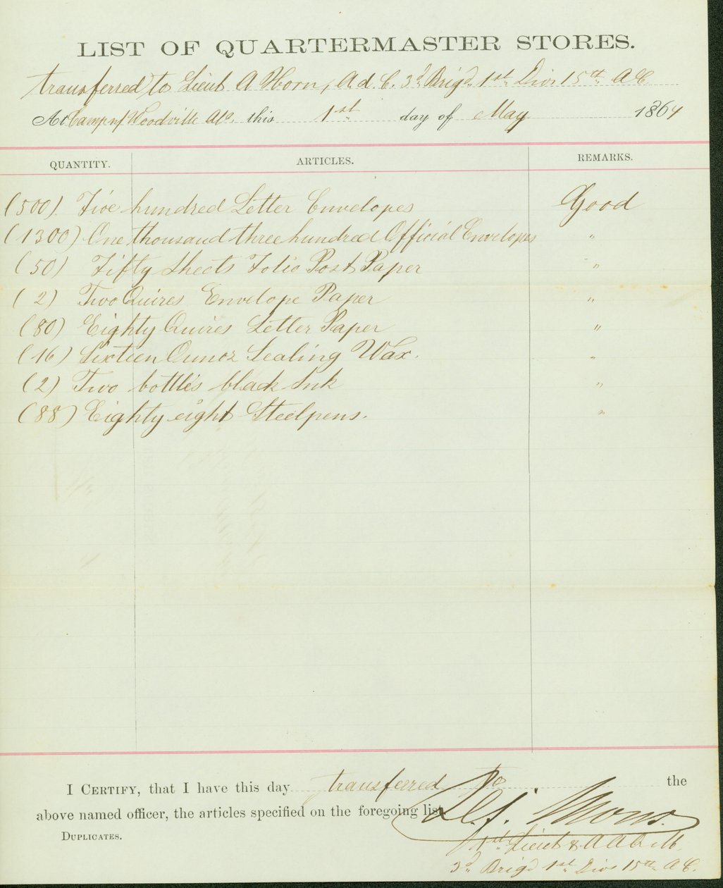 Lista itens transferidos para o Tenente A. Horn de H. F. Mons