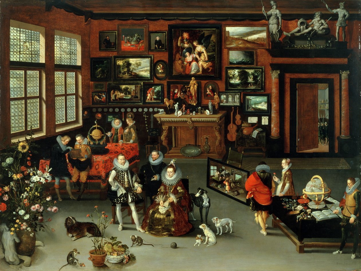 Archiduque Albert (1559-c.1621) e Arquiduquesa Isabella (1566-1633) Visitando um Gabinete de Colecionador, c.1621-23 de H. II and Brueghel, Jan I Francken