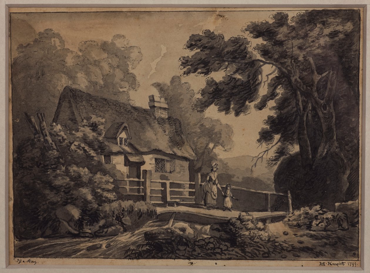 Mãe e filho atravessando um riacho, 1799 (lápis, tinta e papel) de H. Knight