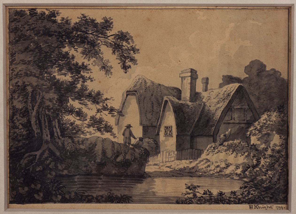 Dois por uma casa de campo em uma paisagem, 1799 (lápis, tinta e lavagem no papel) de H. Knight