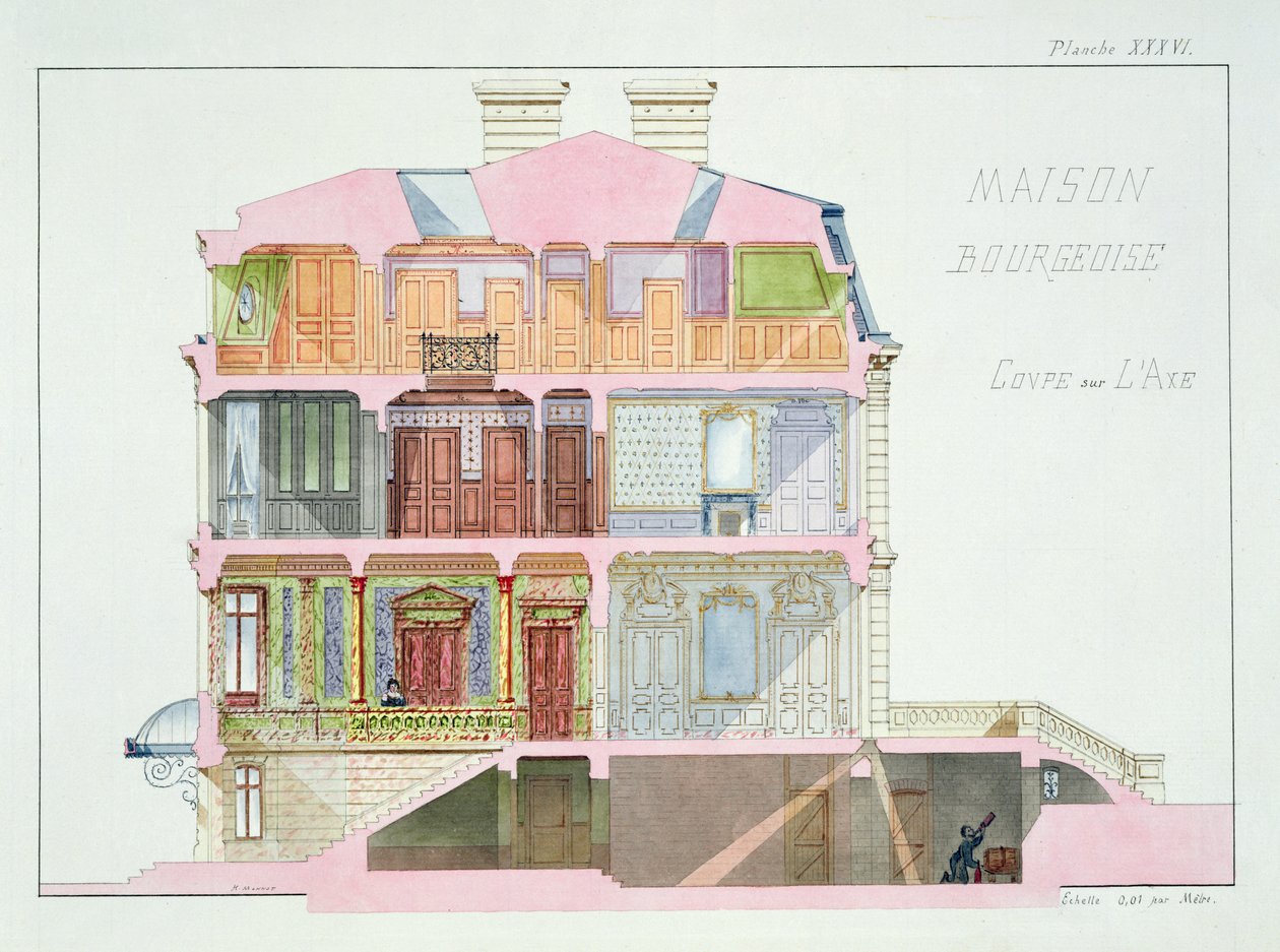 Seção transversal da casa para a burguesia, prato XXXVI de um fólio de projetos, c.1870 de H. Monnot