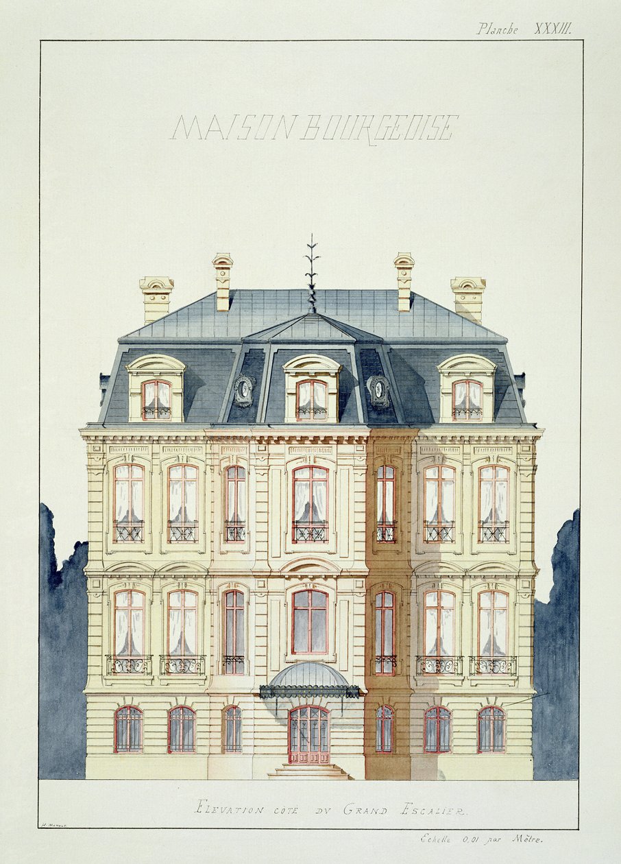 Elevação frontal de uma casa para a burguesia, placa XXXIII, de um fólio de desenhos, c.1870 de H. Monnot
