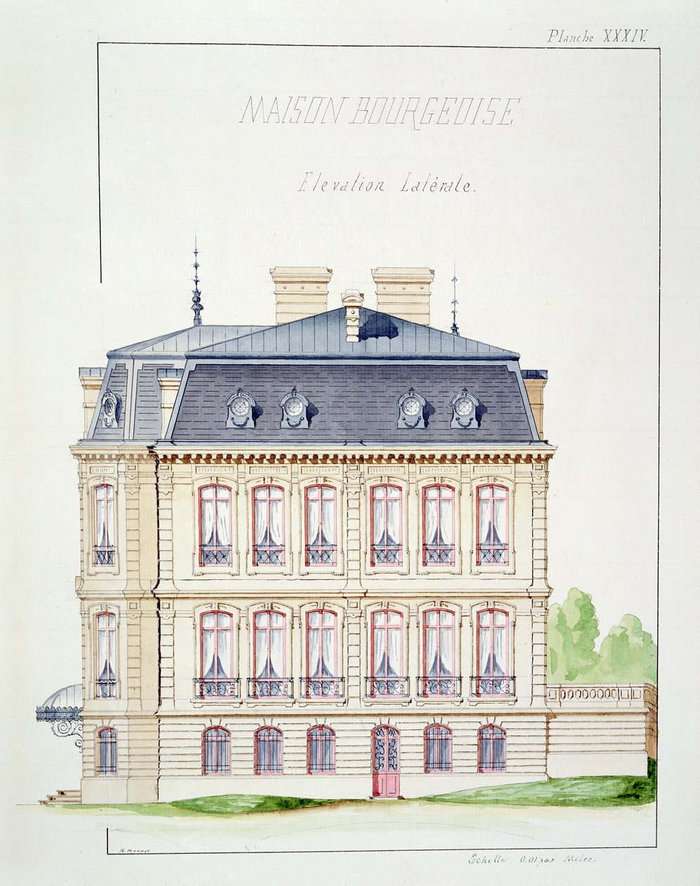Elevação lateral de uma casa para a burguesia, placa XXXIV de um fólio de desenhos, c.1870 de H. Monnot