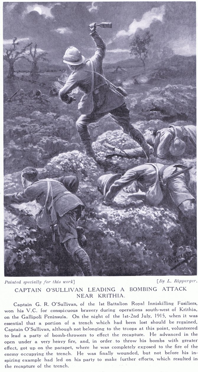 O capitão O&39;Sullivan ganhou um VC por liderar um ataque de bombardeio perto de Krithia na península de Gallipoli em julho de 1915 de H. Ripperger