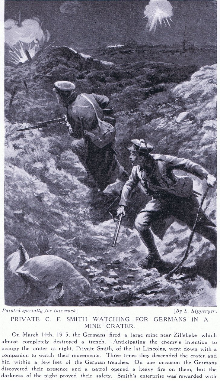 O soldado CF Smith observa alemães em uma cratera de minas em Zillebeke, em março de 1915 de H. Ripperger
