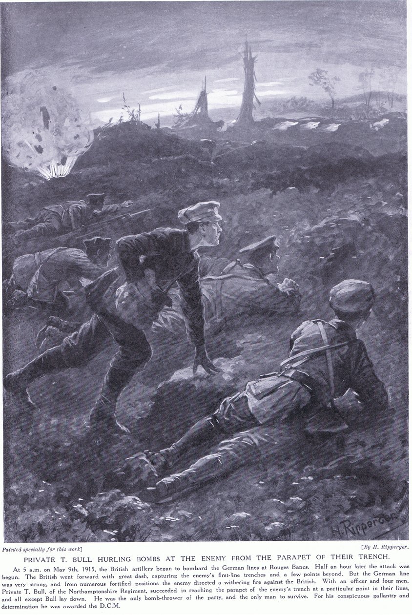 Private T Bull ganhou um DCM lançando bombas contra o inimigo a partir do parapeito de sua trincheira no Rouges Banc maio de 1915 de H. Ripperger
