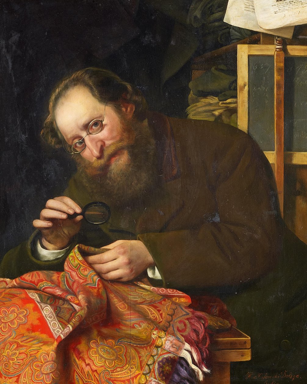 Retrato, de, um, barbudo, cavalheiro, estudar, um, tapeçaria, com, lupa de H. von Ossowski Dolega