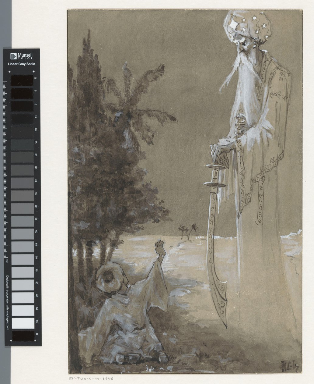 Homem alto com barba olha para um menino sentado de H.C. Louwerse (signed by artist)