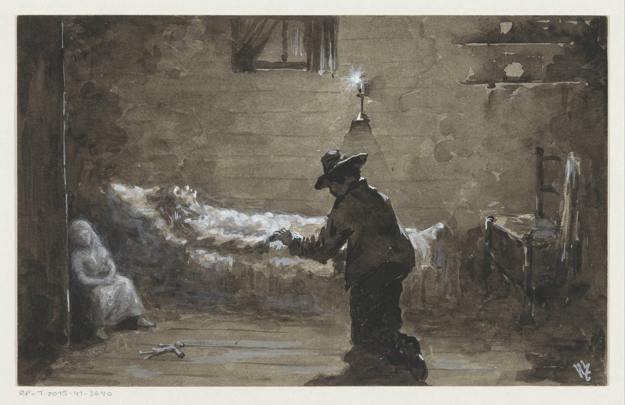 Homem se ajoelha na cama de uma mulher de H.C. Louwerse (signed by artist)