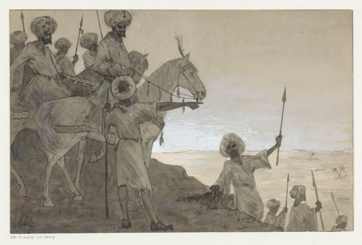 Guerreiros a cavalo em uma paisagem desértica de H.C. Louwerse (signed by artist)
