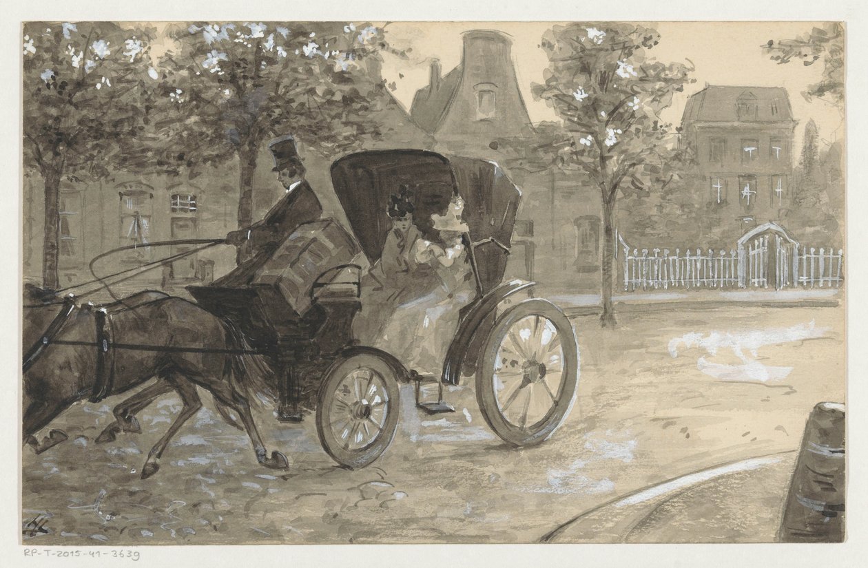 Duas mulheres numa carruagem puxada por cavalos de H.C. Louwerse (signed by artist)