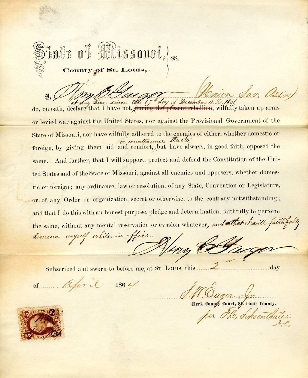 Juramento de lealdade de Henry C. Yaeger do Missouri, Condado de St. Louis de H.C. Yaeger
