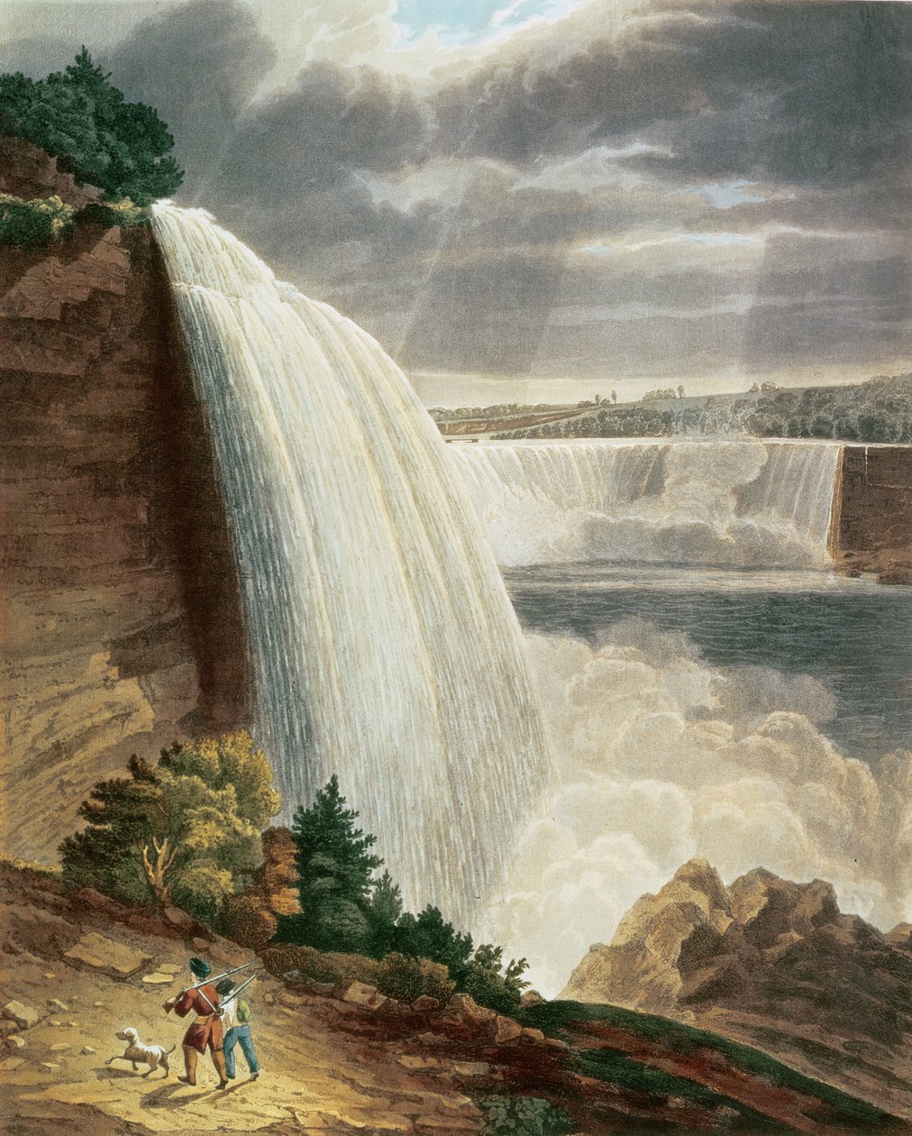 Cataratas do Niágara, parte da queda americana do pé do caso da escada, gravada por J. Hill, pub. por HLMegarcy (gravura a cores) de H.J. Bennett